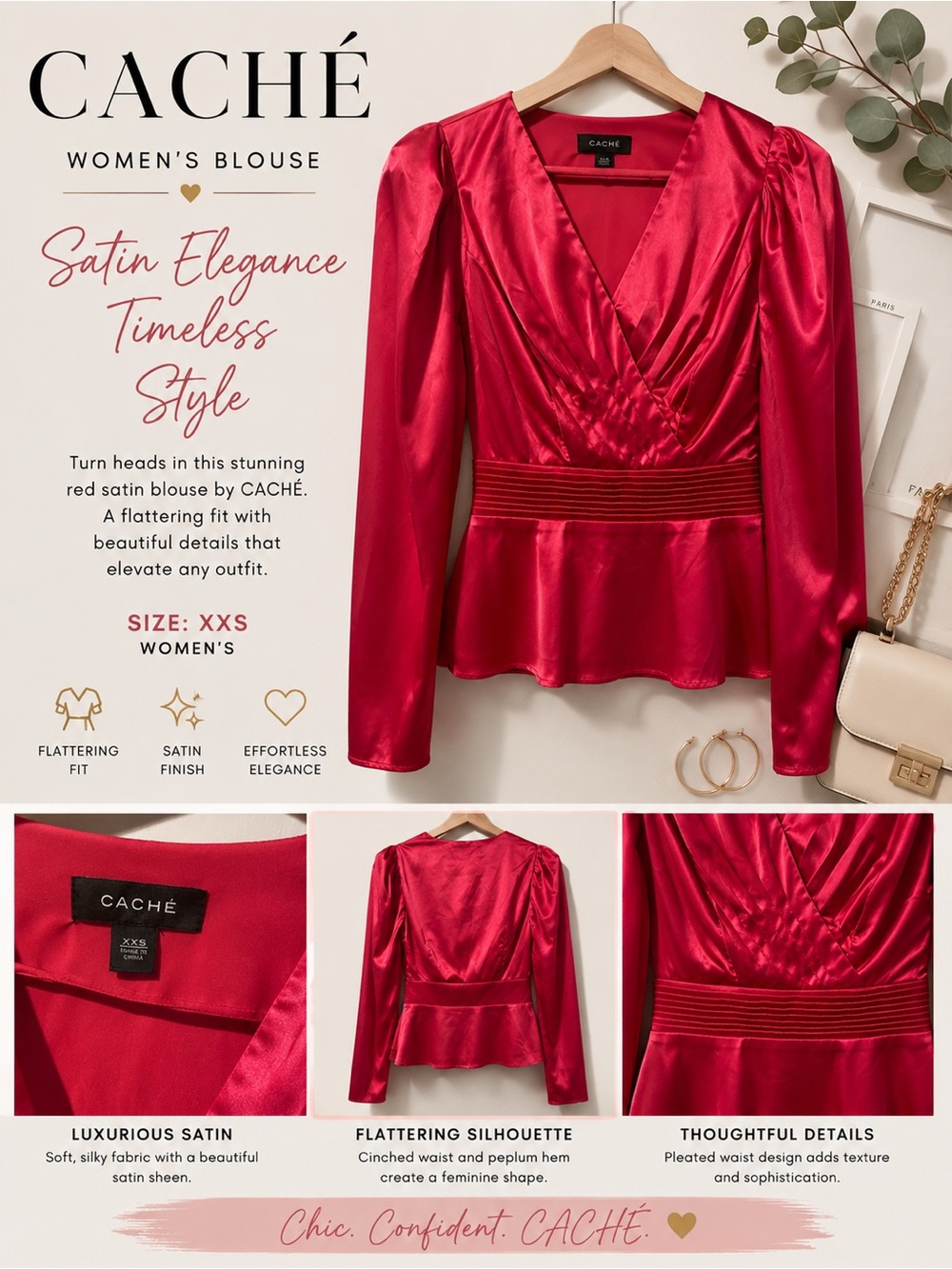 NWOT Cache Pink Satin V-Neck Peplum Blouse